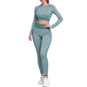 Seamless Workout Set Long Sleeve Crop Top & High Waist Leggings Teal Green (S)